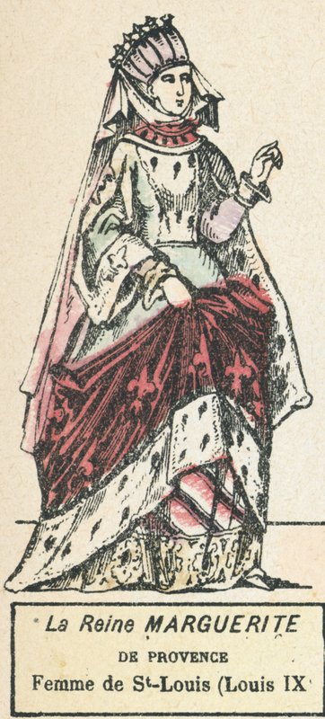 Dronning Marguerite af Provence, hustru til St-Louis (Louis IX) (farvet gravering) af French School