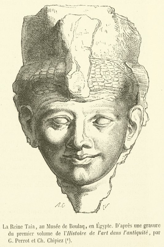 Dronning Taia, på Boulaq-museet, i Egypten (gravering) af French School