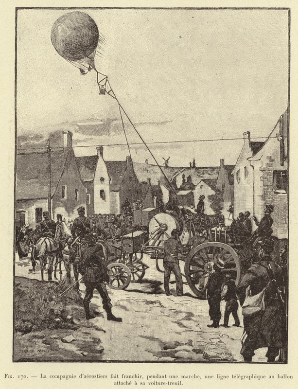 Selskabet af ballonfarere krydser under en march en telegrafisk linje til ballonen fastgjort til dens spilvogn (gravering) af French School