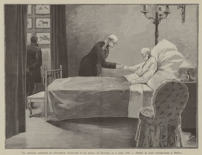 Det sidste møde mellem kejser Wilhelm og prins Bismark, 8. marts 1888 (kobberstik) af French School