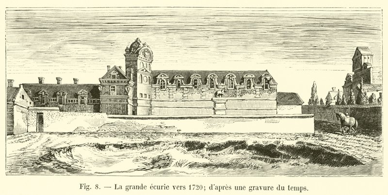 Den store stald omkring 1720; fra en indgravering af tiden af French School