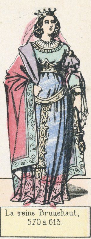Dronning Brunhild, 570 til 613 (farvet gravering) af French School
