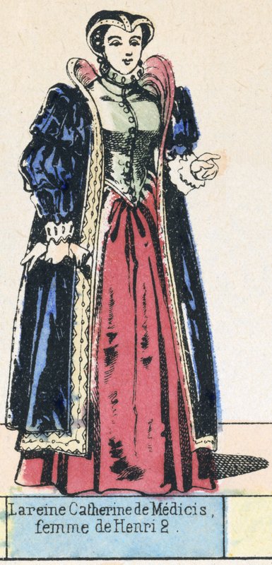 La reine Catherine de Medicis, femme de Henri 2 (farvet gravering) af French School