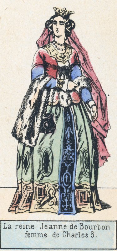 Dronning Joan af Bourbon, kone til Charles 5 (farvet gravering) af French School