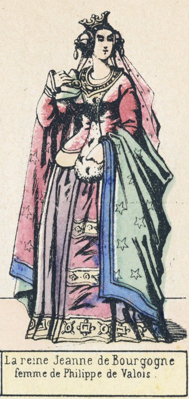 Dronning Jeanne af Bourgogne, hustru til Philippe de Valois (farvet gravering) af French School