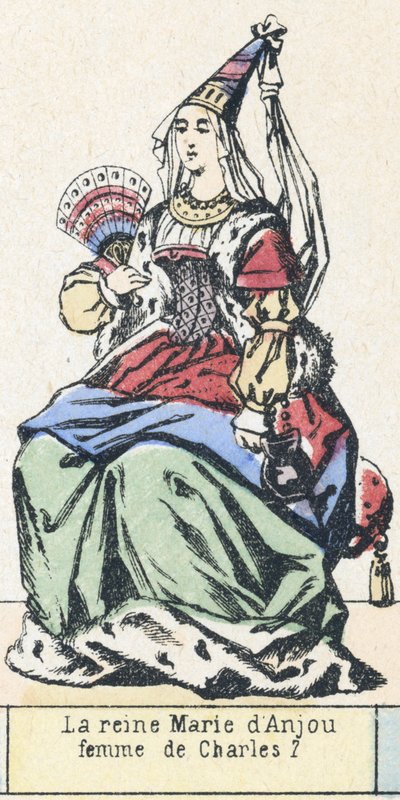 Dronning Marie af Anjou, kone til Charles 7 (farvet gravering) af French School