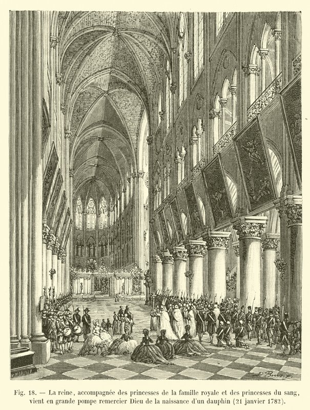 Dronningen, ledsaget af kongefamiliens prinsesser og blodets prinsesser, kommer med stor pomp og pragt for at takke Gud for fødslen af ​​en Dauphin, 21. januar 1782 af French School