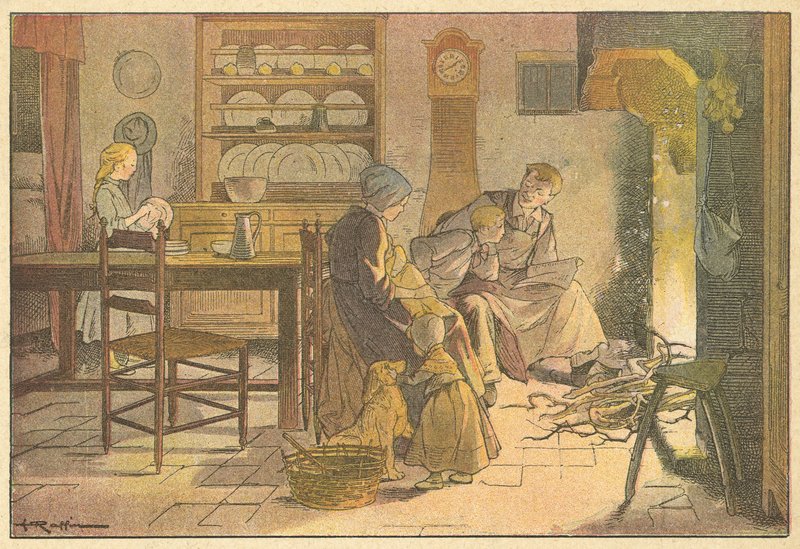 Familieaften (farvelitografi) af French School