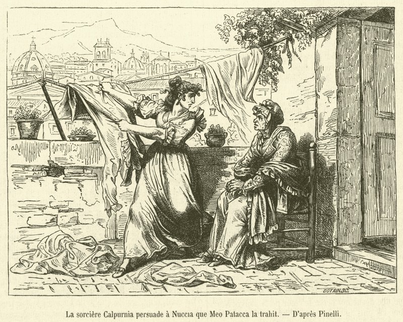 Heksen Calpurnia overtaler Nuccia om, at Meo Patacca forråder hende (gravering) af French School