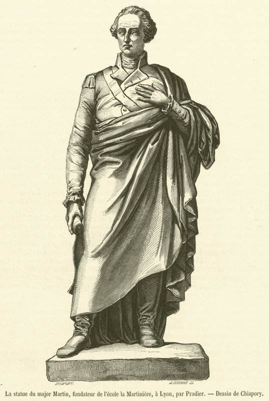 Statuen af ​​major Martin, grundlæggeren af ​​Martiniere-skolen, i Lyon (gravering) af French School