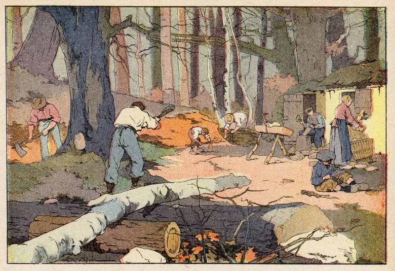 Le Bucheron, Le Sabotier, Træskæreren, Træskomageren (farve litho) af French School