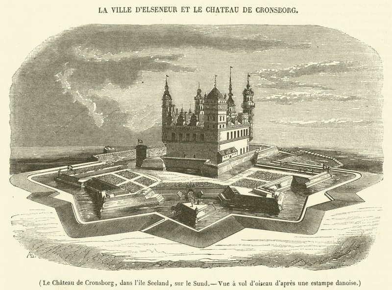 Cronsborg Slot, på øen Seeland, ved Sundet, fugleperspektiv (kobberstik) af French School