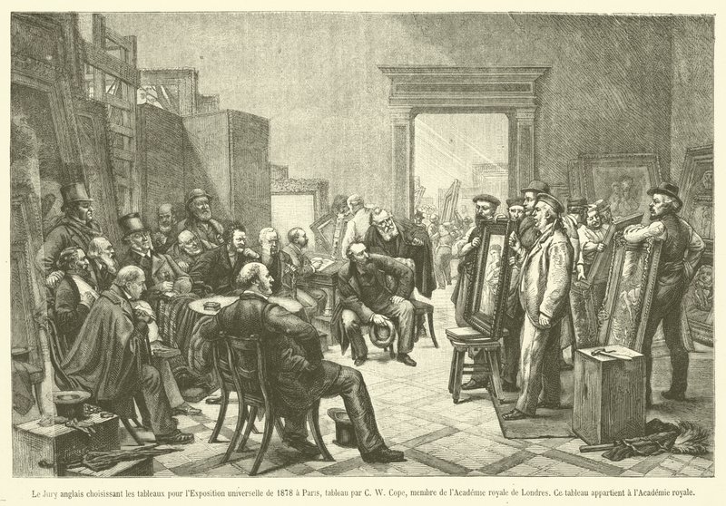 Den engelske jury, der udvælger malerierne til verdensudstillingen i 1878 i Paris (gravering) af French School