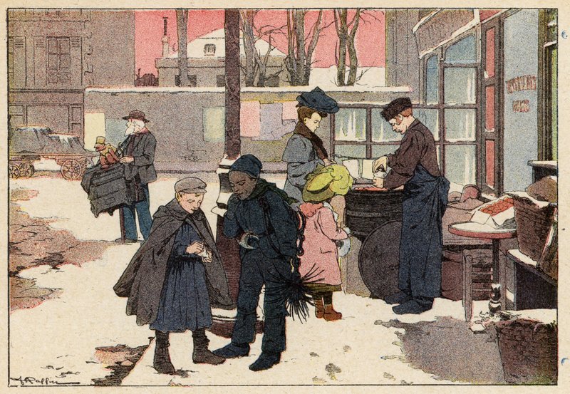 Le Marchand De Marrons, Kastanjesælgeren (farve litho) af French School