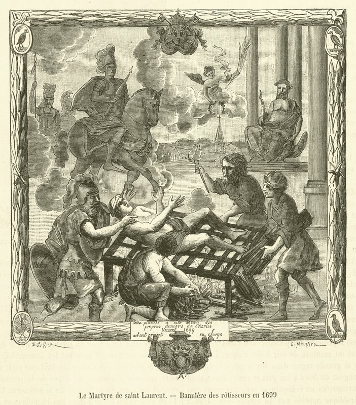 The Martyrium of Saint Lawrence, Banniere des rotisseurs i 1699 (gravering) af French School