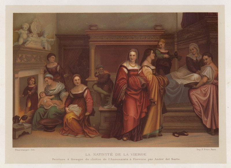 Jomfruens fødsel, freskomaleri fra Annunziata-klostret i Firenze af Andre del Sarte (chromolitho) af French School