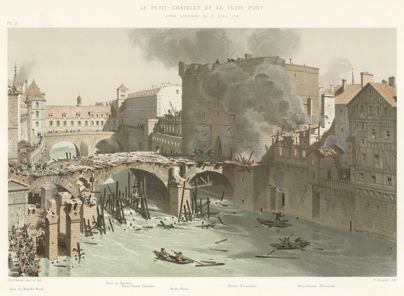 Petit-Chatelet og Petit-Pont, efter branden den 27. april 1718 af French School