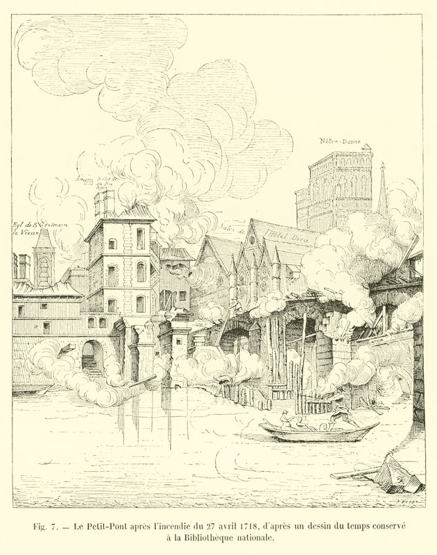 Petit-Pont efter branden den 27. april 1718 efter en tegning af tiden opbevaret på Nationalbiblioteket af French School