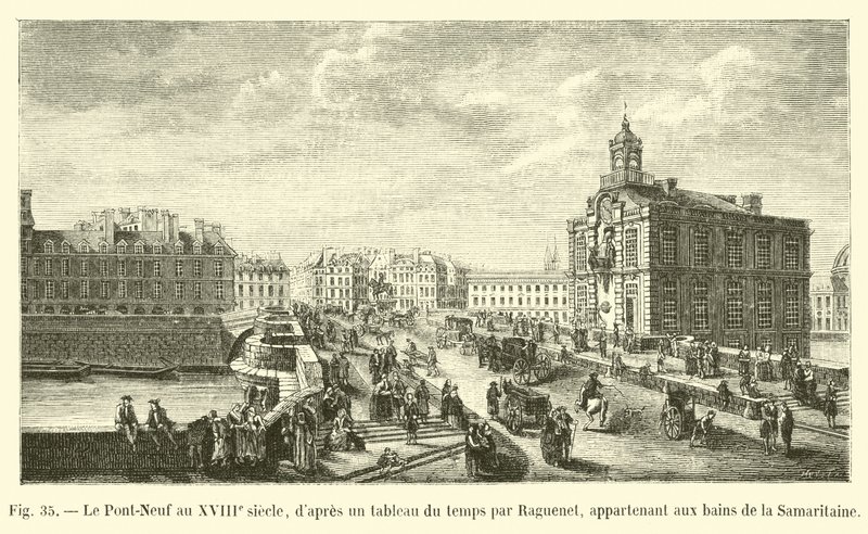 Pont-Neuf i det 18. århundrede, ifølge et tidsmaleri af Raguenet, tilhørende Samaritaine-badene af French School