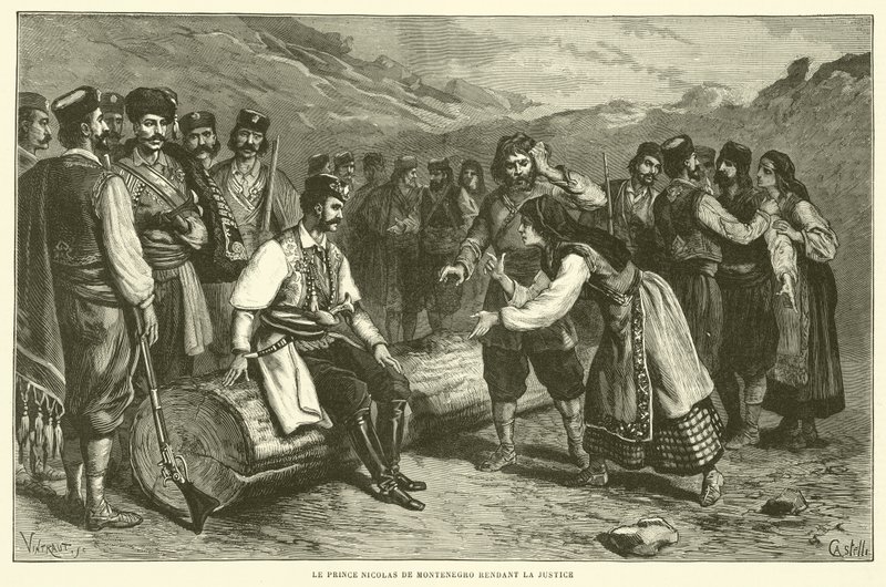 Prins Nicolas af Montenegro uddeler retfærdighed (gravering) af French School