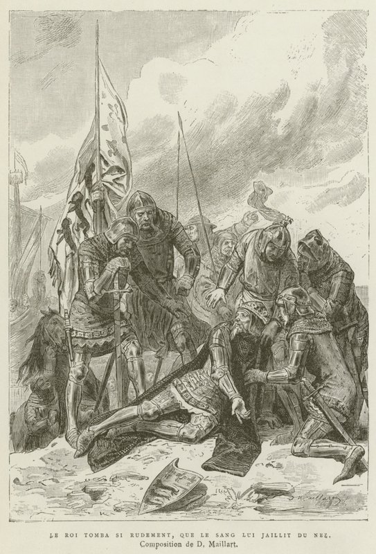 Kongen faldt så hårdt, at blodet sprang ud af hans næse (gravering) af French School