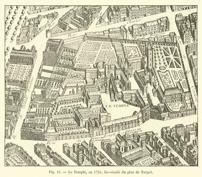 Templet, i 1734; faksimile af Turgots plan af French School