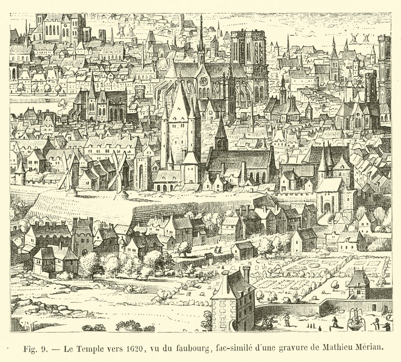 Templet omkring 1620, set fra faubourg, faksimile af en gravering af Mathieu Merian af French School
