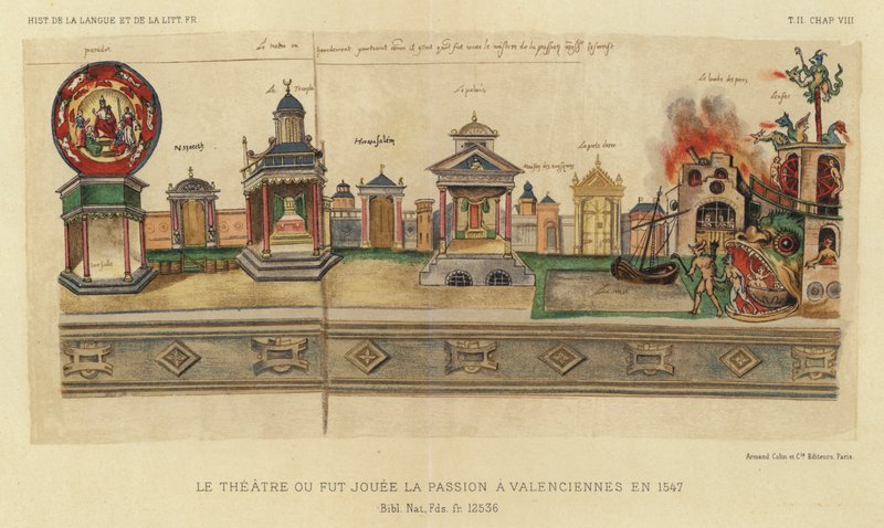 Teatret Ou Fut Jouee La Passion i Valenciennes i 1547 (farve litho) af French School