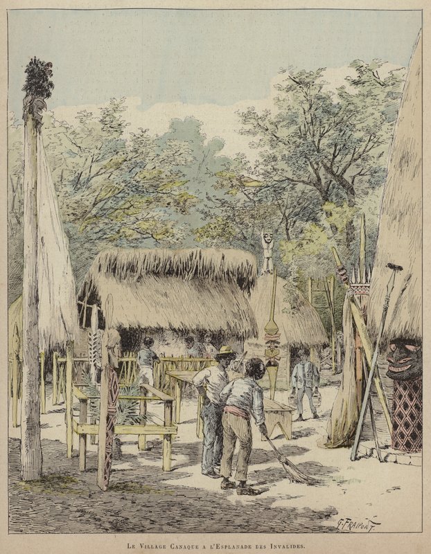 Canaque Village ved Esplanade des Invalides (farvet gravering) af French School
