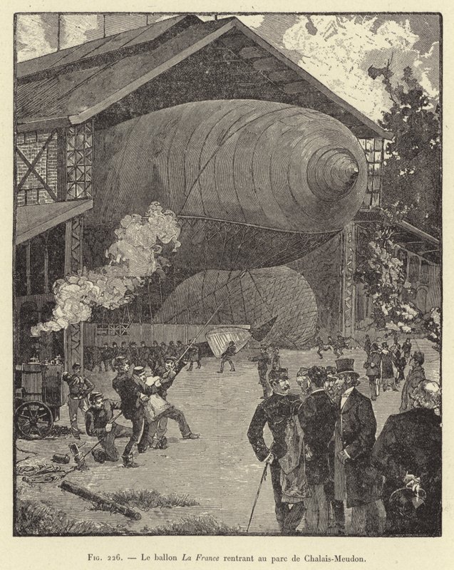 La France-ballonen vender tilbage til Chalais-Meudon-parken (gravering) af French School