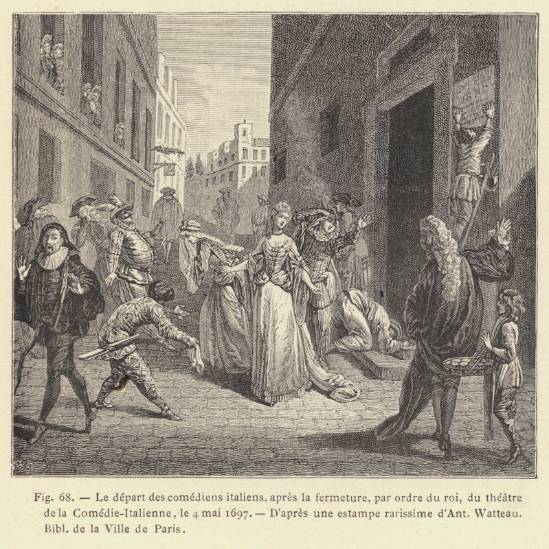 De italienske skuespilleres afgang efter lukningen, efter ordre fra kongen, af teatret i Comedie-Italienne, 4. maj 1697 (gravering) af French School