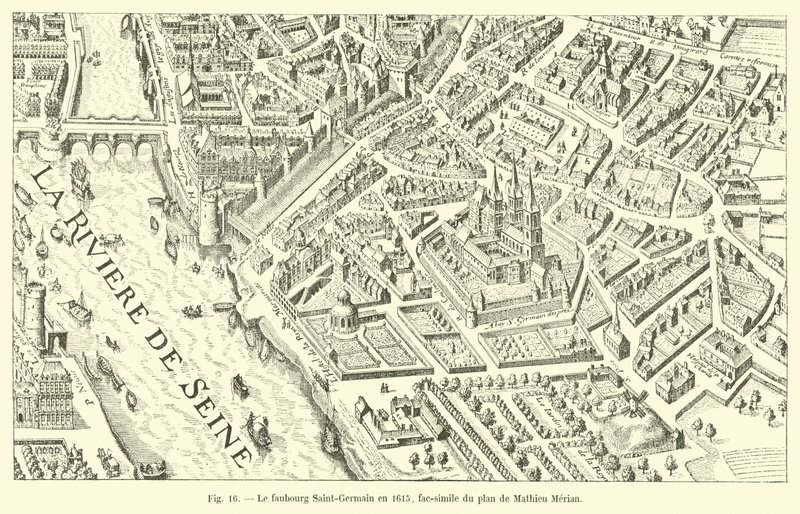 Faubourg Saint-Germain i 1615, faksimile af Mathieu Merians plan af French School
