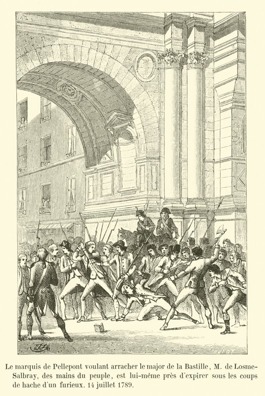 Markisen de Pellepont, der ønsker at frarive Bastillens major, M de Losme-Salbray, fra folkets hænder, er selv ved at udløbe under en rasende mands øksestød, den 14. juli 1789 af French School