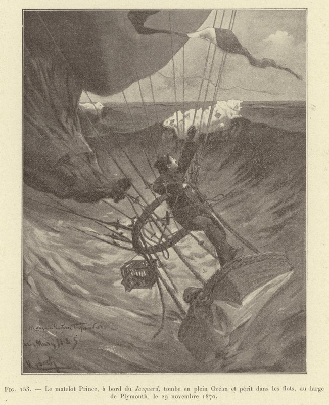 Sømanden Prince, ombord på Jacquard, falder midt i havet og omkommer i bølgerne ud for Plymouth, 29. november 1870 (gravering) af French School