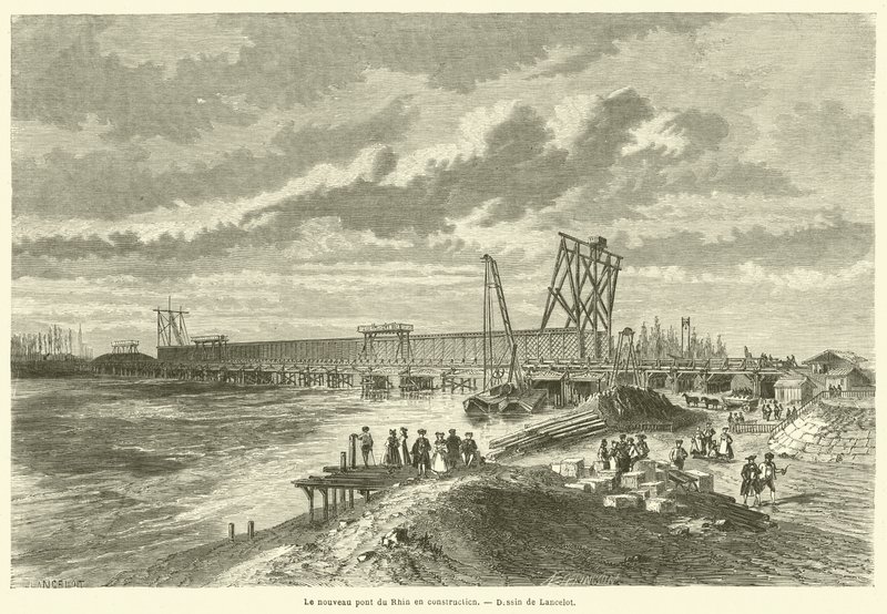 Den nye Rhinbro under opførelse (gravering) af French School