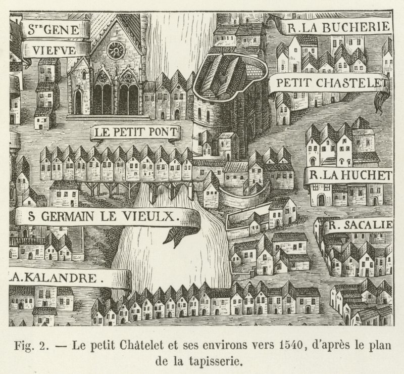 Le petit Chatelet og dens omgivelser omkring 1540, ifølge gobelinets plan af French School