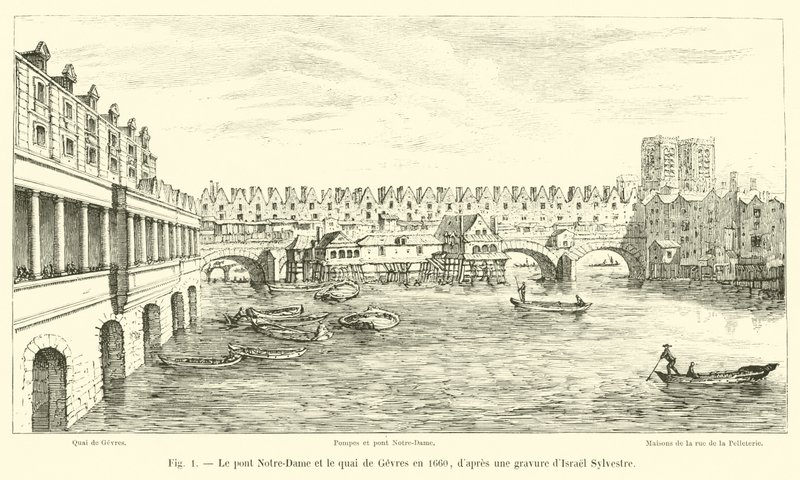 Notre-Dame-broen og Quai de Gesvres i 1660, efter en gravering af Israel Sylvestre af French School