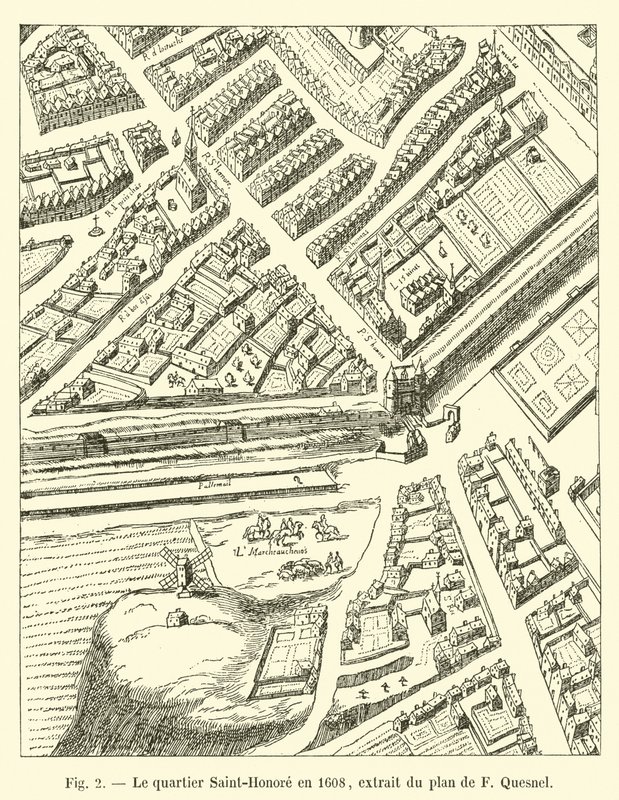 Saint-Honore-distriktet i 1608, uddrag fra planen for F Quesnel af French School