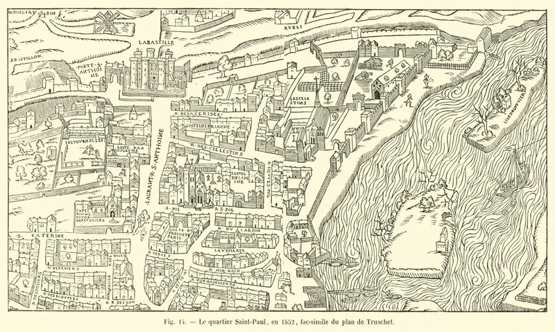 Saint-Paul-distriktet, i 1552, faksimile af Truschets plan af French School