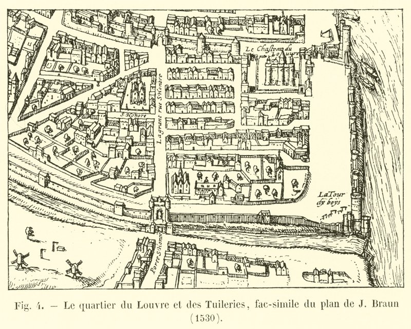 Louvre og Tuileries-distriktet, faksimile af J Brauns plan, 1530 af French School