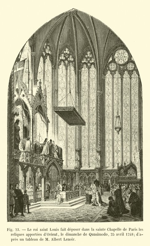 Kong Saint Louis fik relikvierne bragt fra østen deponeret i Sainte Chapelle i Paris Quasimodo søndag den 25. april 1248 efter et maleri af M Albert Lenoir af French School