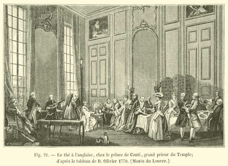 Engelsk te, med Prince de Conti, Templets Grand Prior; efter maleriet af B Olivier 1770, Louvre-museet af French School