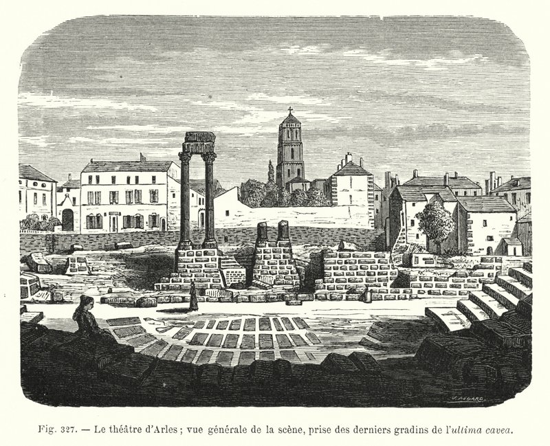 Teatret i Arles; generelt billede af scenen, taget fra de sidste tribuner i ultima cavea (gravering) af French School