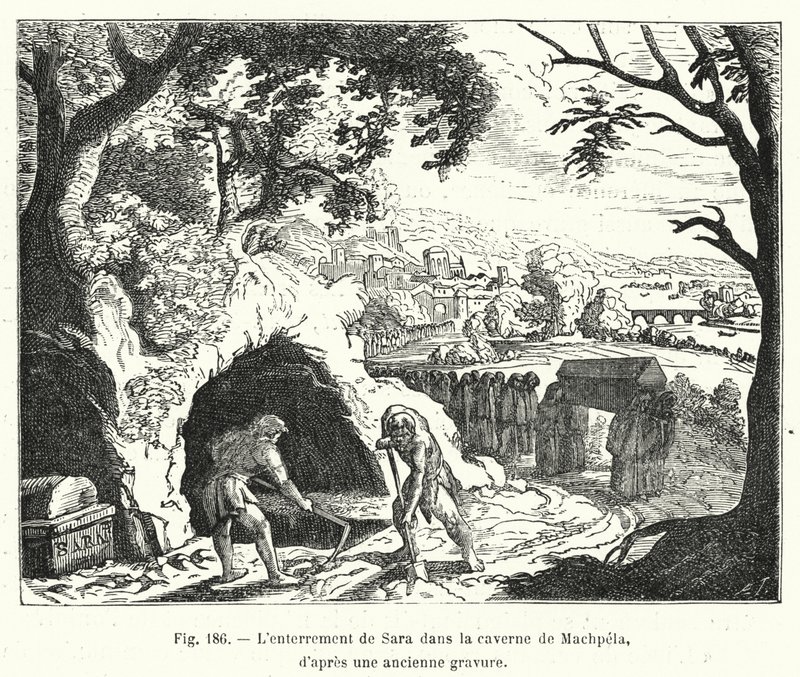 Begravelsen af ​​Sara i hulen Machpela, fra en gammel gravering (gravering) af French School