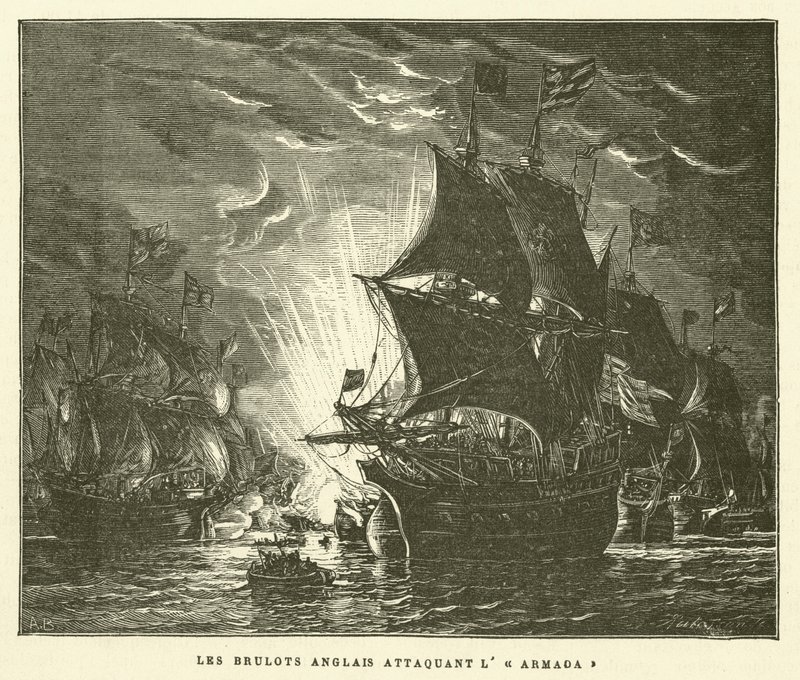De engelske Brulots Attacking the Armada (gravering) af French School