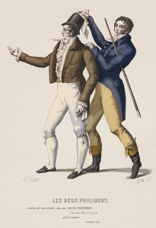 The Two Philiberts, Act III, Sc VIII (farvet indgravering) af French School