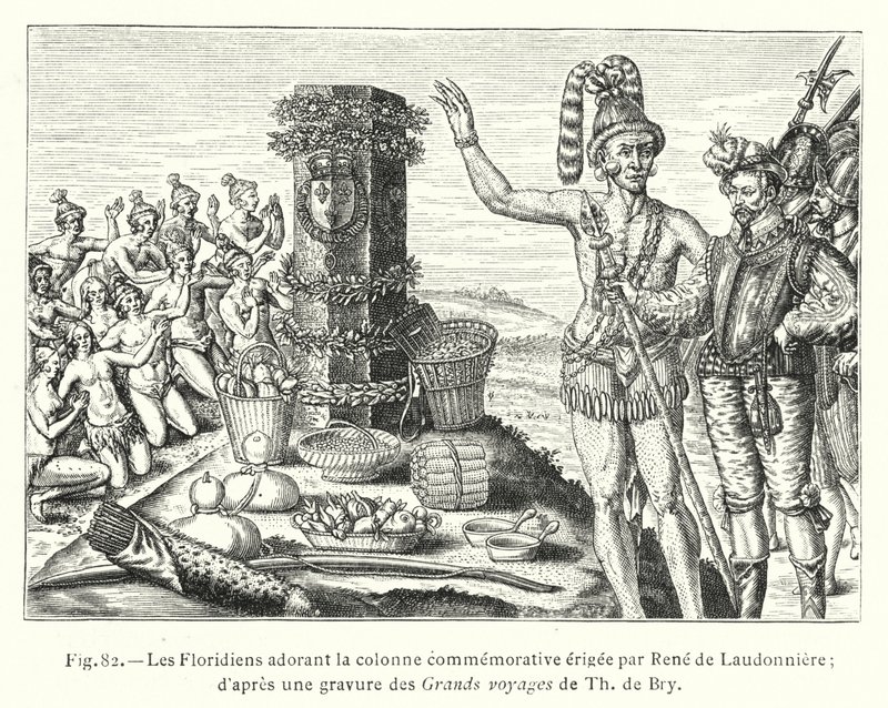 Floridianere, der tilbeder mindesøjlen rejst af Rene de Laudonniere; efter en gravering fra Th de Brys store rejser (gravering) af French School