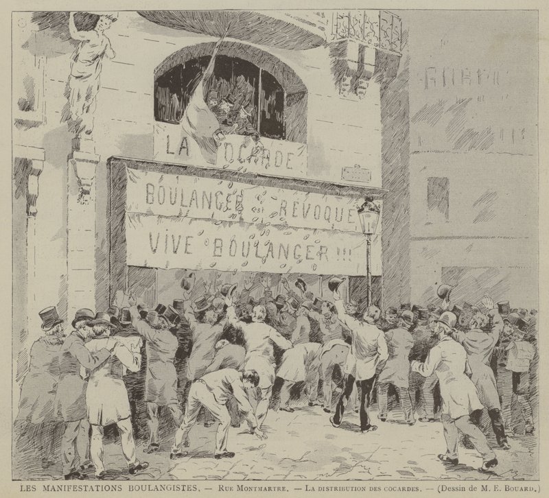Les Manifestations Boulangistes, Rue Montmartre, La distribution des cocardes (kobberstik) af French School