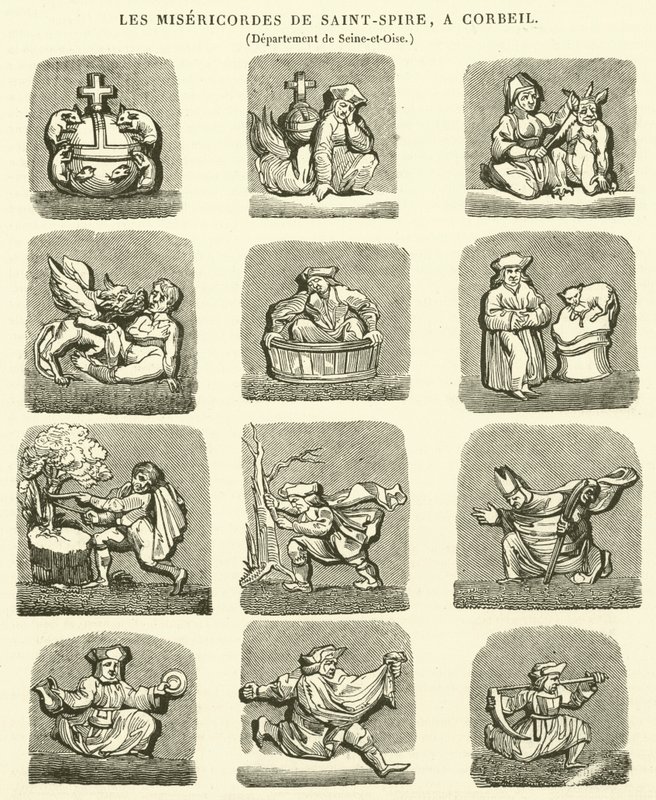 The Misericords of Saint-Spire, ved Corbeil (gravering) af French School