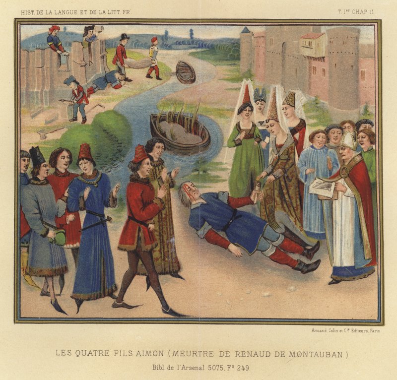 De fire Aimon-sønner, mord på Renaud De Montauban (farve litho) af French School